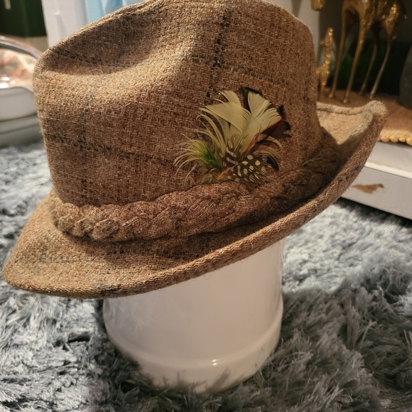 Vintage Stetson Tweed Fedora with Feather sz 7 1/8 - Picture 5 of 6